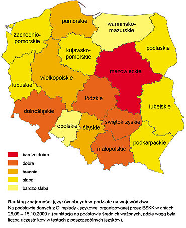 Jzykowa mapa Polski - ranking znajomoci jzykw obcych wg. regionw