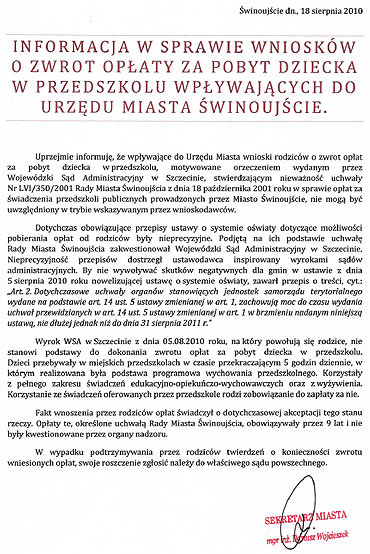 Informacja w sprawie wnioskw o zwrot opaty za pobyt dziecka w przedszkolu wpywajcych do UM