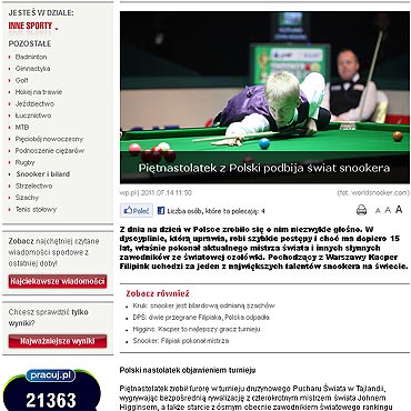 Pitnastolatek z Polski podbija wiat snookera
