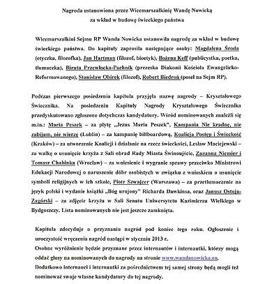 Lesaw Maciejewski nominowany do nagrody za wkad w budow wieckiego pastwa 