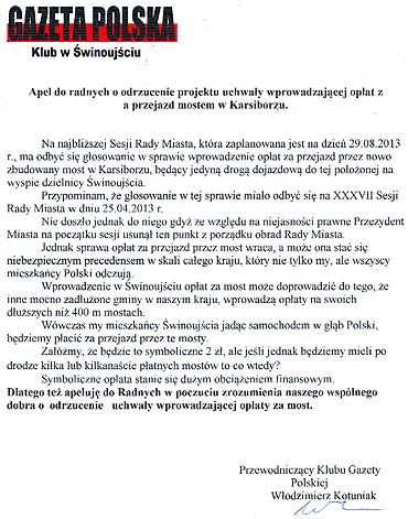 Gazeta Polska apeluje o niewprowadzanie opat za most w Karsiborze