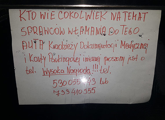 Pan Mariusz prosi o pomoc! Z jego auta zostay skradzione dokumenty medyczne, bez ktrych nie otrzyma renty...