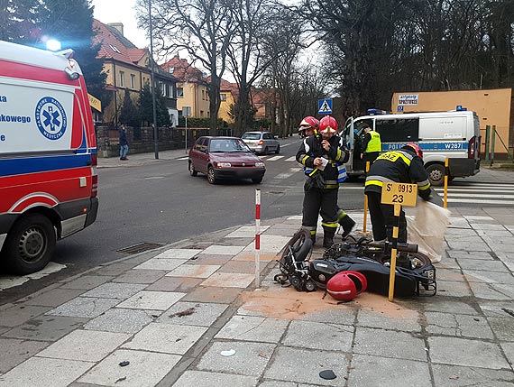 Motocyklista wyprzedzajc na skrzyowaniu, uderzy w skod! Pieszych uratoway metalowe supki!