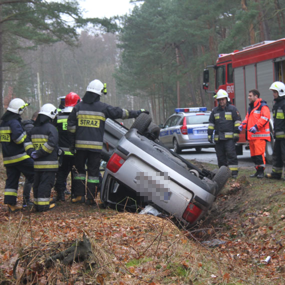 Wypadek za Midzywodziem. Volkswagen wypad z drogi i dachowa. Jedna osoba w szpitalu