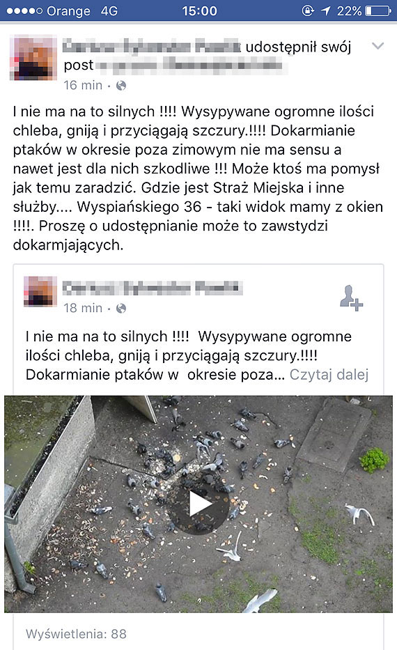 Mieszkaniec ulicy Wyspiaskiego na Facebooku: Prosz udostpniajcie moe to zawstydzi dokarmiajcych!