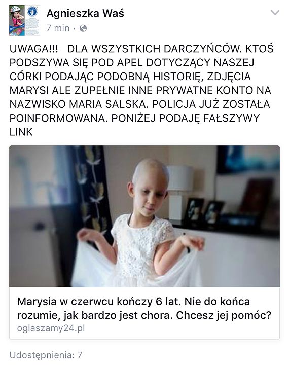 Nie maj litoci nawet dla chorej Marysi. Uwaajcie na faszywe konto!