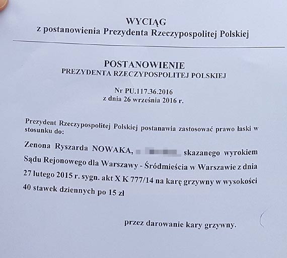 Zenon Nowak: Zostaem uaskawiony przez Prezydenta Andrzeja Dud!