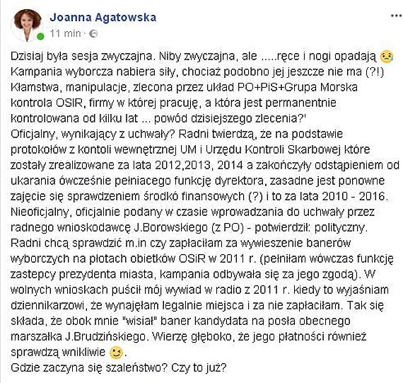 Agatowska rozgoryczona metodami politycznej walki swoich przeciwnikw