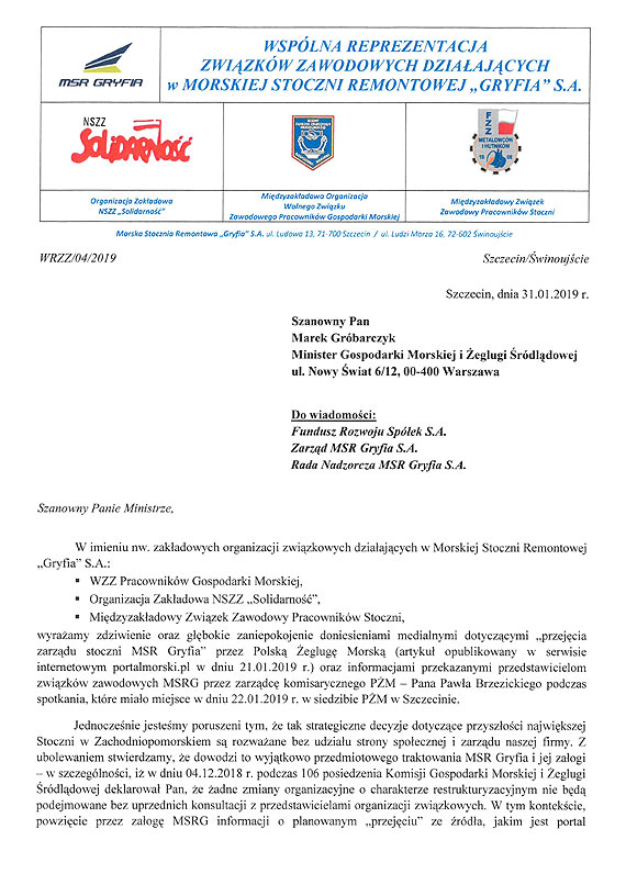 Zwizkowcy pisz do ministra w sprawie stoczni Gryfia. Padaj bardzo powane pytania