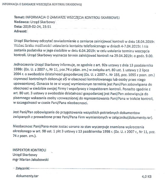 Uwaga na faszywe maile dotyczce kontroli skarbowej mogce zawirusowa komputer!!!