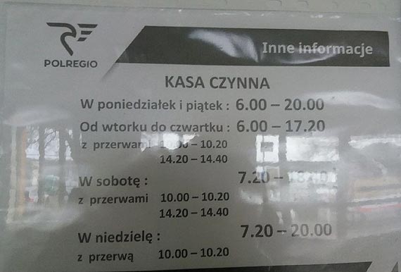 Kasy czynne tylko do godziny 17.20 ? Potem bilet tylko u konduktora albo w Internecie