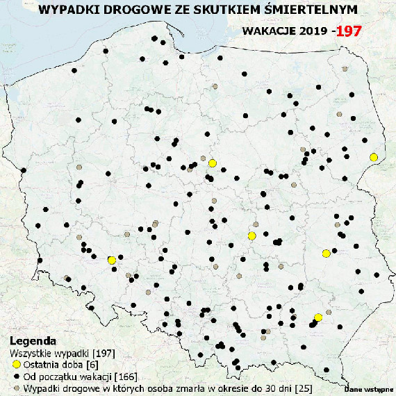 Mapa wypadkw drogowych ze skutkiem miertelnym – wakacje 2019