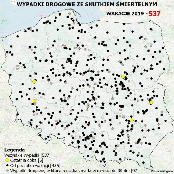 Mapa wypadkw drogowych ze skutkiem miertelnym – WAKACJE 2019