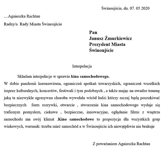 Radna Agnieszka Rachtan ma pomys na kino  w okresie epidemiologicznych obostrze. Interpelacja wpyna ju do prezydenta miasta
