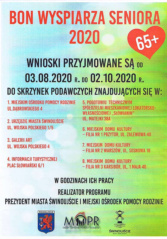 wiadczenie pienine BON WYSPIARZA SENIORA przyjmowanie wnioskw od 3 sierpnia 2020 r. do 2 padziernika 2020 r.