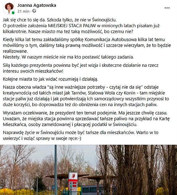 Tasze paliwo dla mieszkacw? Agatowska proponuje: zbudujmy miejsk stacj paliw