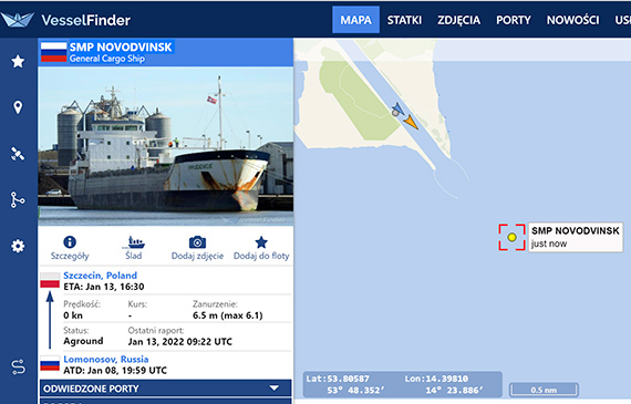 Rosyjski statek ze złomem utknął na mieliźnie w drodze do portu w Szczecinie! Od środy nie ruszył z miejsca, trwają działania armatora by umożliwić jego odholowanie