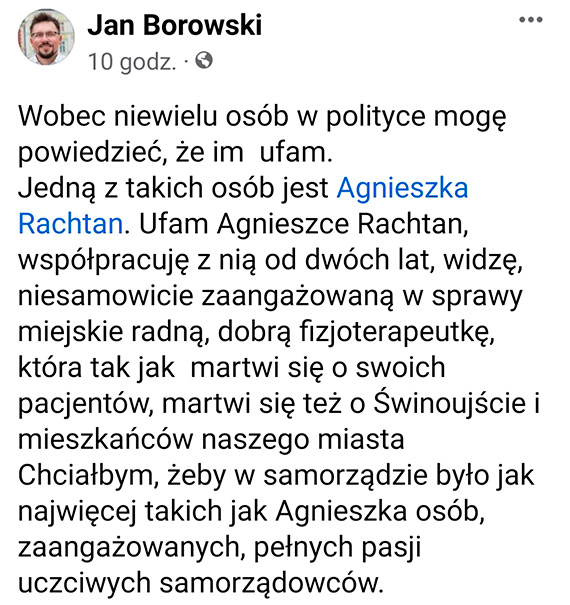 Radny Jan Borowski: Bdziemy z ca moc bronili Agnieszki Rachtan