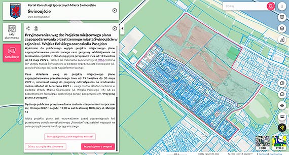 TRWA DRUGIE WYOENIE PROJEKTU PLANU w rejonie ul. Wojska Polskiego i osiedla Posejdon 19 kwietnia 2022 r. – 13 maja 2022 r.