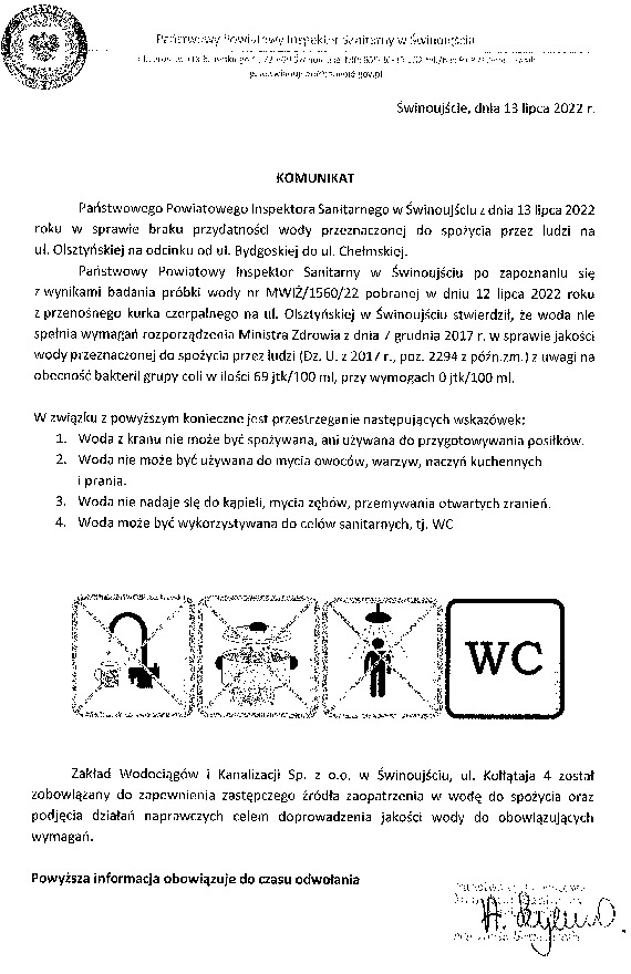 UWAGA: Na ulicy Olsztyskiej zostaa wyczona dostawa wody, poniewa stwierdzono przekroczenie parametru mikrobiologicznego, czyli...