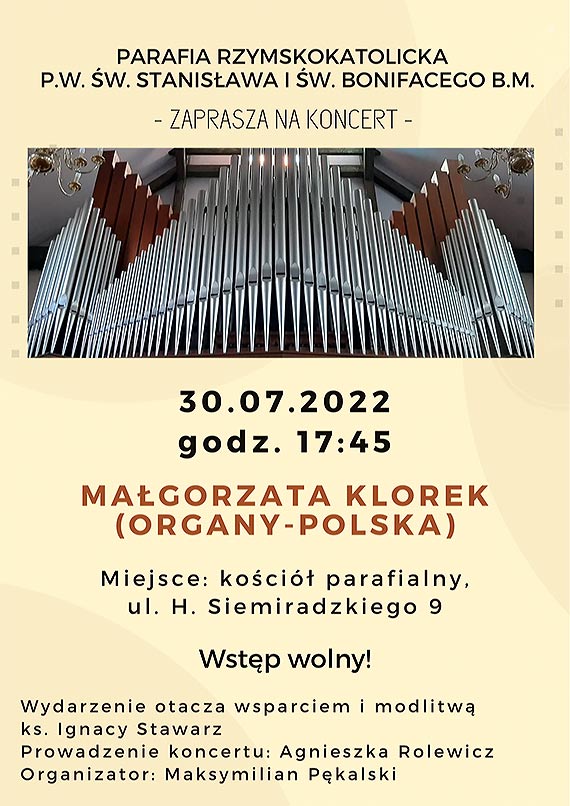 Koncert organowy w wykonaniu Pani dr Magorzaty Klorek