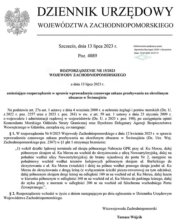 Zmiana rozporzdzenia w sprawie strefy ochronnej wok gazoportu, ktra zapewnia bezpieczne przejcie pieszym i przejazd rowerzystom ze winoujskiego Warszowa do play