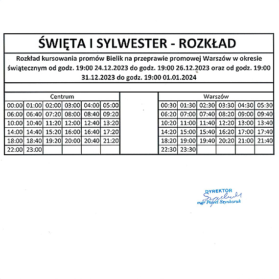 witeczny i sylwestrowy rozkad promw Bielik na przepawce miejskiej Warszw