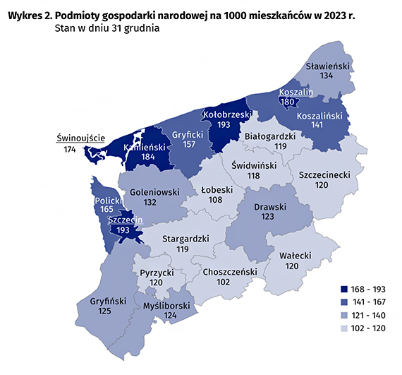 Podmioty gospodarki narodowej w rejestrze REGON w wojewdztwie zachodniopomorskim. Stan na koniec 2023 r.