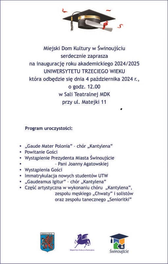 Zaproszenie na Inauguracj roku akademickiego 2024-2025 Uniwersytetu Trzeciego Wieku w winoujciu