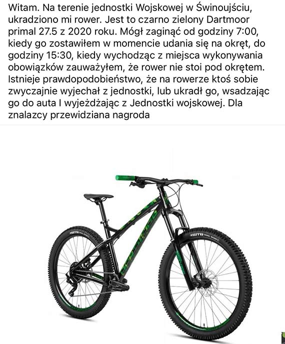 Rower znikn z terenu jednostki wojskowej w winoujciu. Kto odway si na taki skok?