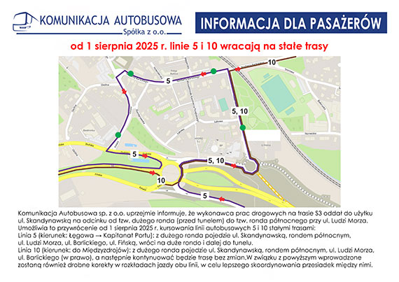 Od 1 sierpnia 2025 r. linie 5 i 10 wracają na stałe trasy