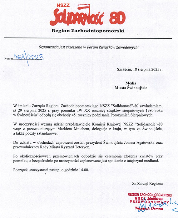 winoujcie uczci 45. rocznic podpisania Porozumie Sierpniowych
