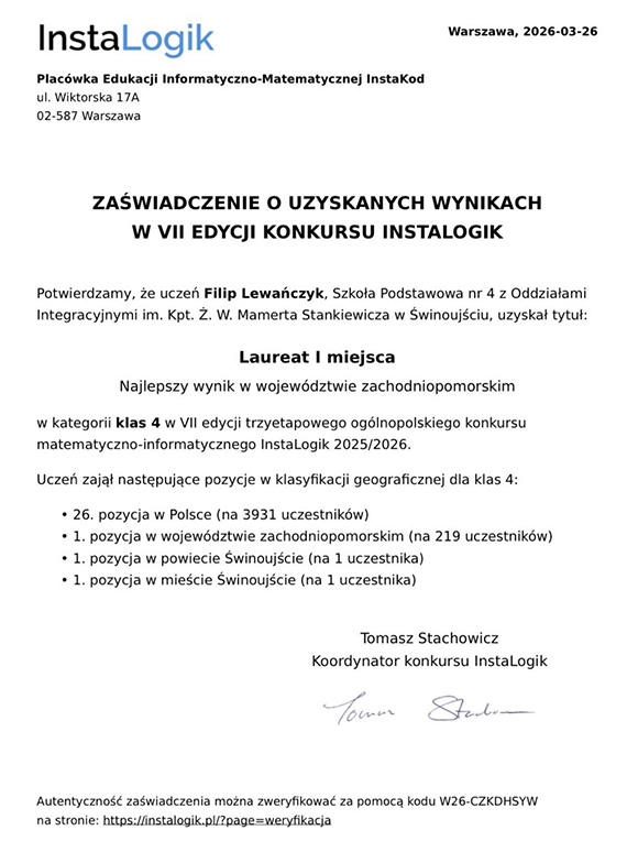 Sukces ucznia Szko�y Podstawowej nr 4 w �winouj�ciu – Filip Lewa�czyk laureatem VII edycji Og�lnopolskiego Konkursu Matematyczno-Informatycznego InstaLogik